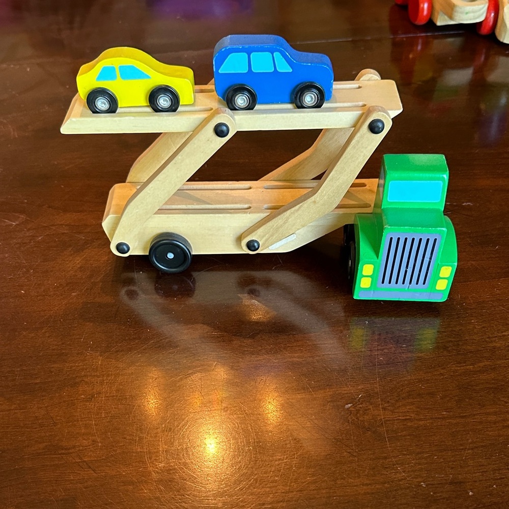 Wooden Car Carrier Toy Set - Green, Yellow, Blue